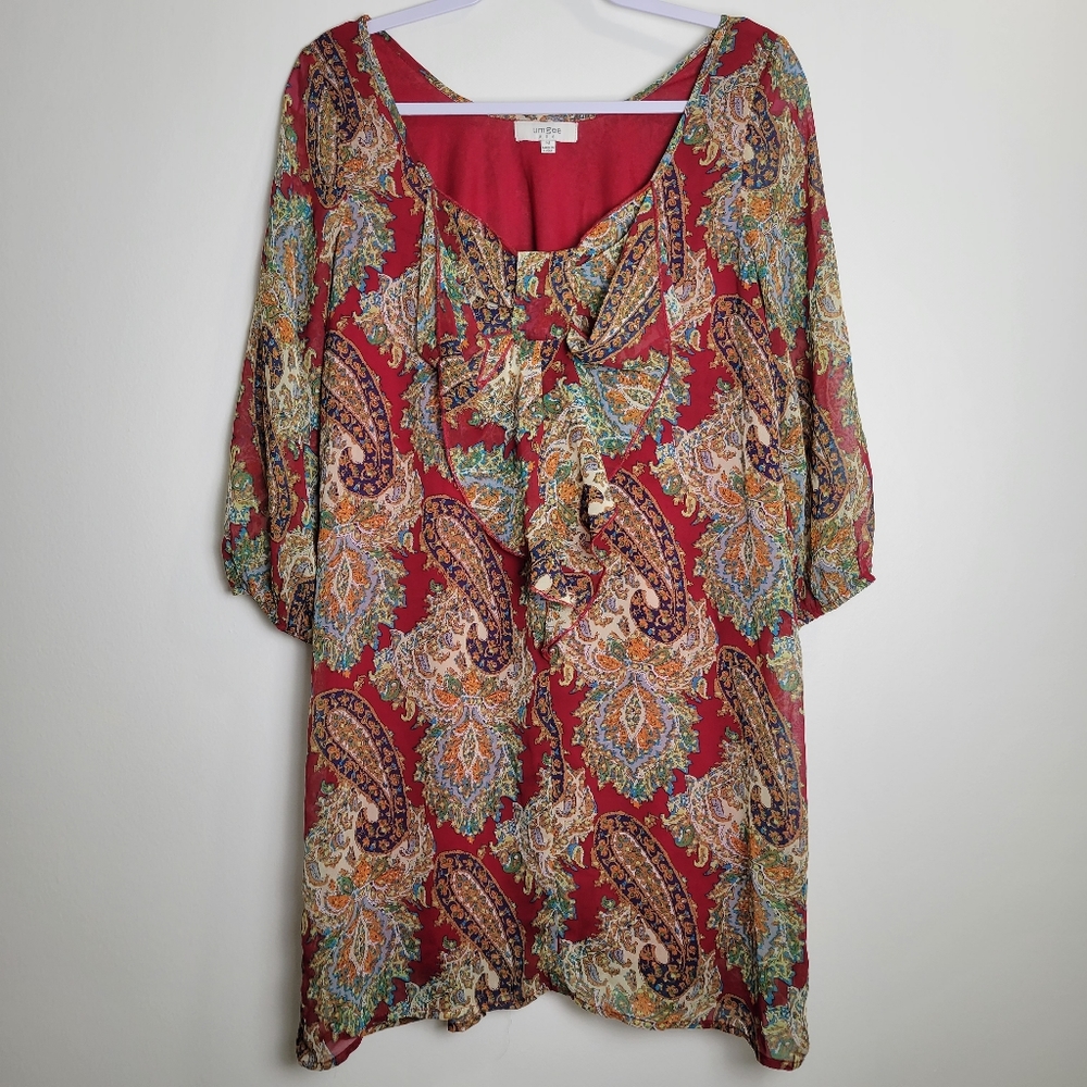 Umgee Big Bow Paisley Fall Boho Chic Red Midi‎ Dress M